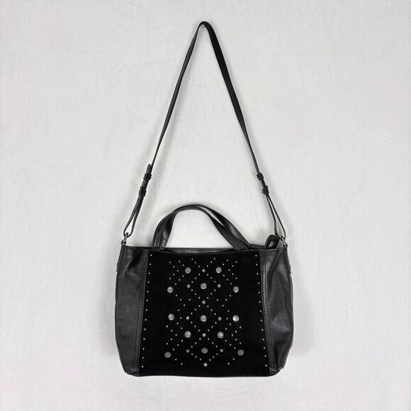 Lucky Brand Black Leather and Suede Studded Satchel Purse with Crossbody Strap - Picture 1 of 12